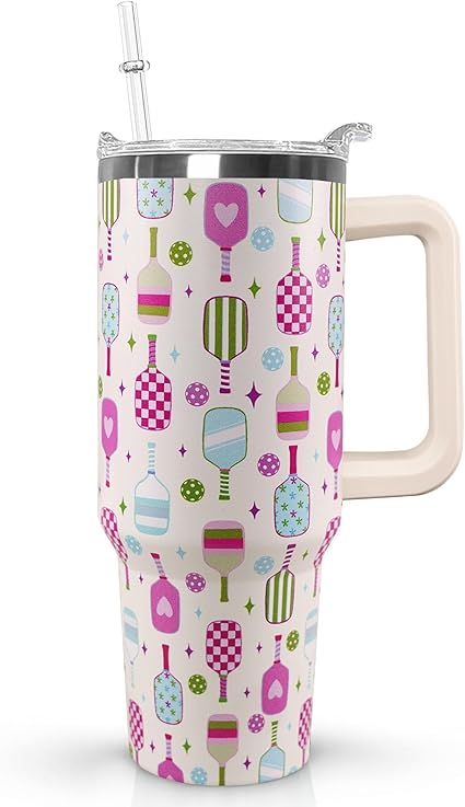 Ceovfoi 40 oz Pickleball Coffee Mug Vacuum Insulated Travel Tumbler with Handle, Lid & Straw - Perfect Pickleball Gifts for Players, Coaches, Lovers | Pickleball Accessories