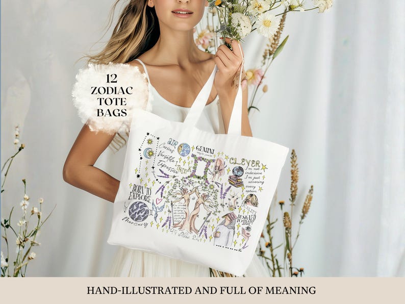 May include: White tote bag featuring a hand-illustrated zodiac design with the text "12 Zodiac Tote Bags". The bag has a detailed illustration with the words "Born to Explore" and "Clever". The bag is held by a person.