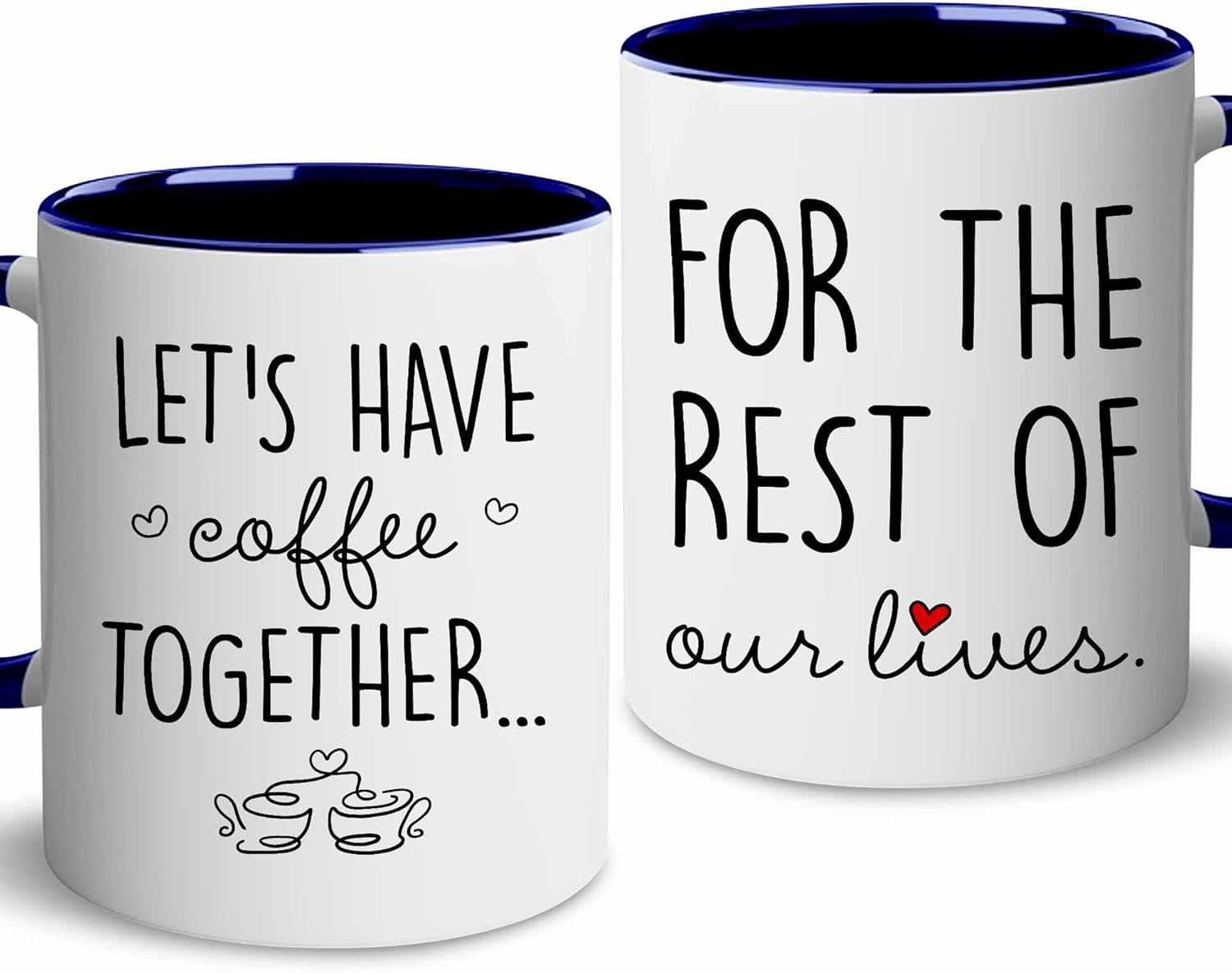 Two white mugs with black text Description automatically generated
